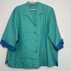 Vintage 70s Women's Linen Button Up Blouse 3/4 Sleeve Blue Plus Sz 2X USA